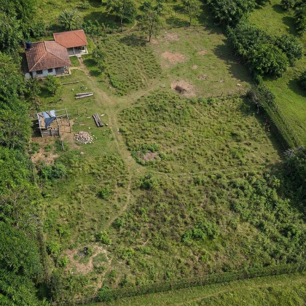 Vista aérea de la propiedad rural antes de los proyectos, casi vacía y desorganizada