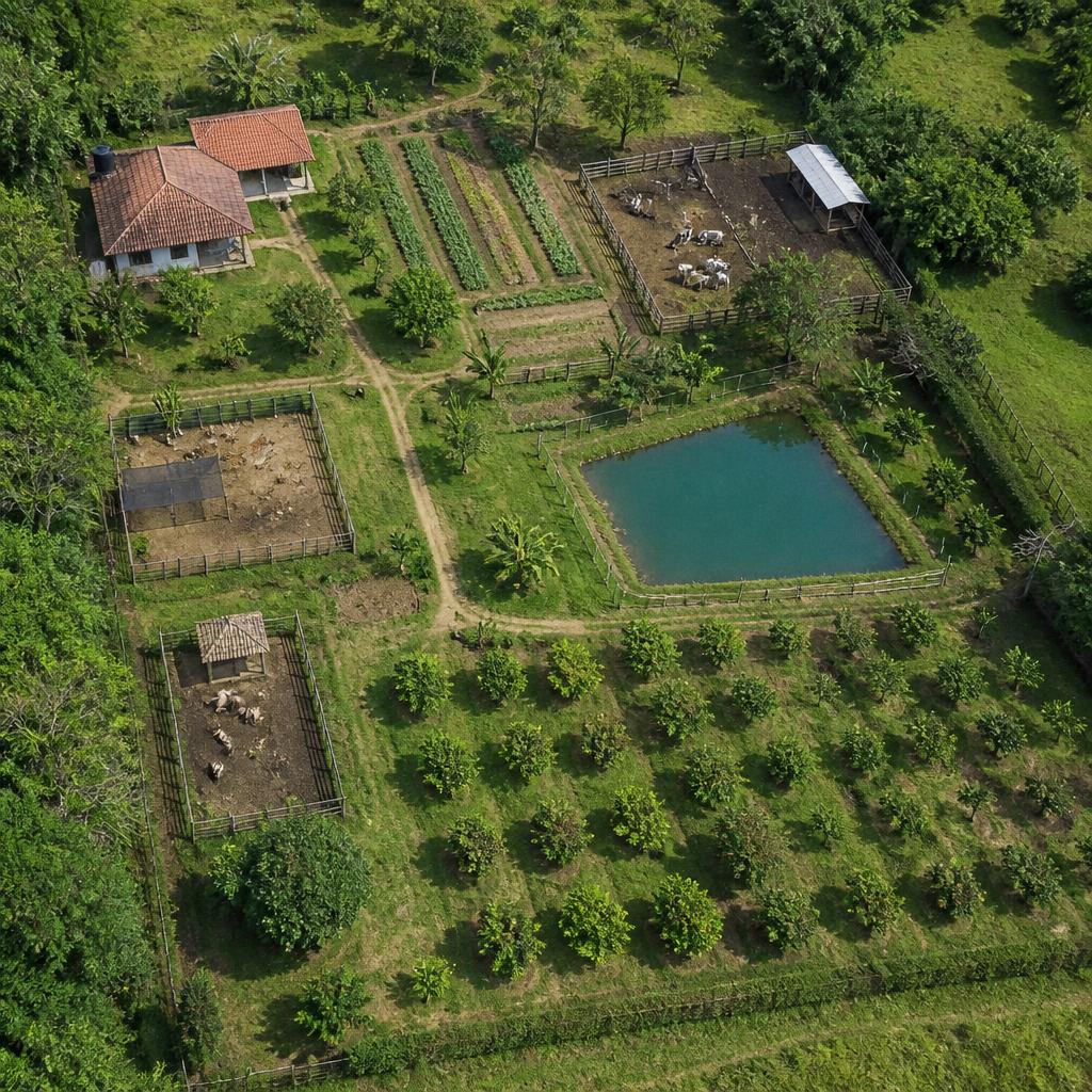 Vista aérea de la misma propiedad organizada con galinero, pocilga, corral, estanque de peces y huerto